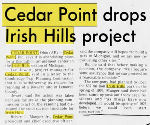 Cedar Point II, Irish Hills Amusement Park, Kingdom of Adventure, Little Michigan - Irish Hills Apr 1975 Article